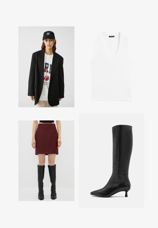 Schwarzes Blazer mit Revers, getragen über einem weißen Sweatshirt mit grafischem Aufdruck in Form roter Kirschen. Abgerundet mit einer schwarzen Baseballkappe.; Weißes ärmelloses Tanktop mit rundem Halsausschnitt, aus geripptem Material; einfaches Design ohne Muster oder Verzierungen.; adL Minirock - claret red; Zign Stiefel - black