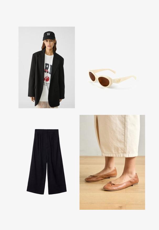 Crna jakna s reverima, nosi se preko bijelog duksera s grafikom crvenih trešanja. Završeno s crnom bejzbol kapom.; Bež kratki rukav pulover s crnim horizontalnim prugama. Okrugli izrez, pletena tekstura i rebrasti rub. Jednostavan, klasičan dizajn.; Crne široke hlače izrađene od laganog materijala, s visokim strukom i plisiranim detaljima za dodatnu teksturu i protok.; Smeđe kožne balerinke s okruglim vrhom i malim detaljem u obliku mašne, ravnim potplatom i glatkom teksturom, uparene s svijetlom suknjom.; Kremaste plastične sunčane naočale s ovalnim staklima i smešnim tonom. Imaju suptilan dizajn, s brojem L37 u zlatnoj boji na dršci.