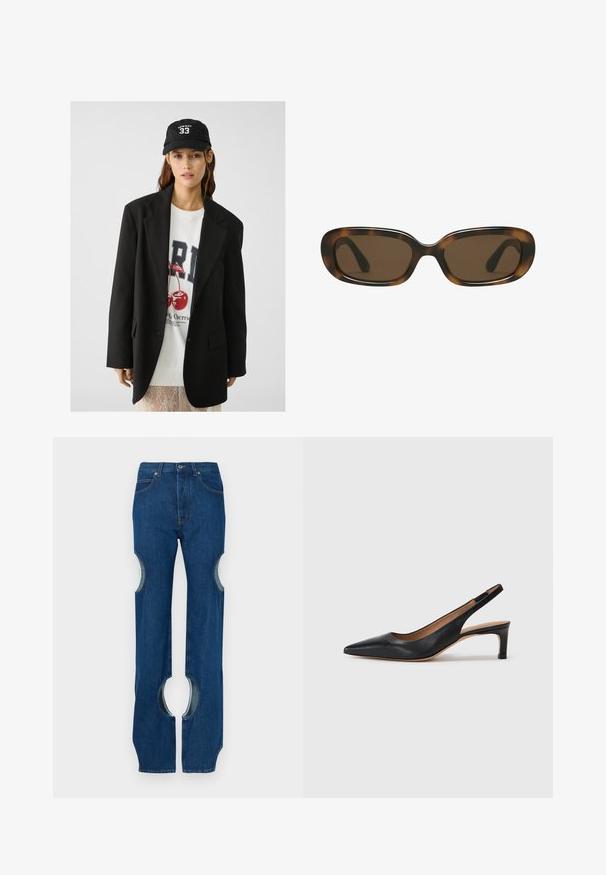 Blazer nero con risvolti, indossato sopra una felpa grafica bianca con ciliegie rosse. Completato con un cappellino da baseball nero.; T-shirt bianca a maniche corte e scollo rotondo con vestibilità slim, esposta piatta su uno sfondo bianco.; Jeans in denim blu scuro con dettagli ritagliati sulla parte esterna delle cosce, design a gamba dritta e cuciture a contrasto lungo le cuciture.; Pump slingback in pelle nera con punta appuntita, tacco basso e texture liscia. Presenta una sottile cinghia regolabile per una vestibilità sicura.; Occhiali da sole tartarugati con una montatura rettangolare arrotondata e liscia e lenti marroni. Presentano aste sottili e curvate con una finitura lucida.