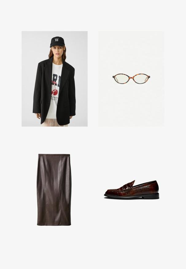 Schwarzes Blazer mit Revers, getragen über einem weißen Sweatshirt mit grafischem Aufdruck in Form roter Kirschen. Abgerundet mit einer schwarzen Baseballkappe.; Schwarzes, geripptes Tanktop mit rundem Ausschnitt und besticktem Logo in Weiß. Der Stoff hat eine glatte Textur und eine körperbetonte Passform.; Brauner Leder-Bleistiftrock mit glatter Textur, knielang, mit vertikalen Nähten zur Gestaltung. Keine zusätzlichen Beschläge oder Akzente.; Braune Lederloafers mit Krokodilleder-Optik, einem niedrigen Absatz und einer spitzen Zehenform. Akzentnähte entlang der Kanten.; Schildpatt-Eyegläser mit ovalen Gläsern und einer eleganten, glatten Oberfläche. Mit dünnen Seiten und einer subtilen Kurve an den Schläfen. Klare Gläser.