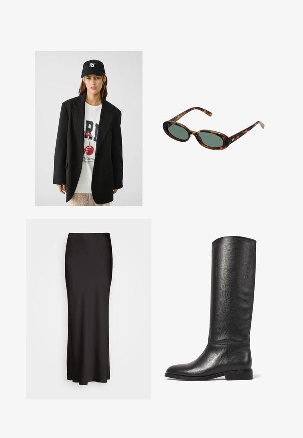 Blazer nero con risvolti, indossato sopra una felpa grafica bianca con ciliegie rosse. Completato con un cappellino da baseball nero.; Canotta nera a costine con scollatura rotonda e logo ricamato in bianco. Il tessuto ha una texture liscia con una forma aderente.; Gonna in satin nera, lunga fino al pavimento, con una texture liscia, vita aderente e silhouette a forma di A, priva di decorazioni visibili o fantasie.; Stivale in pelle nera al ginocchio con finitura testurizzata, punta tonda, gambo liscio e tacco basso impilato. Design minimalista, senza accessori visibili.; Occhiali da sole tartarugati con montatura ovale e lenti verdi. Presentano aste sottili con un accento metallico vicino alle cerniere.