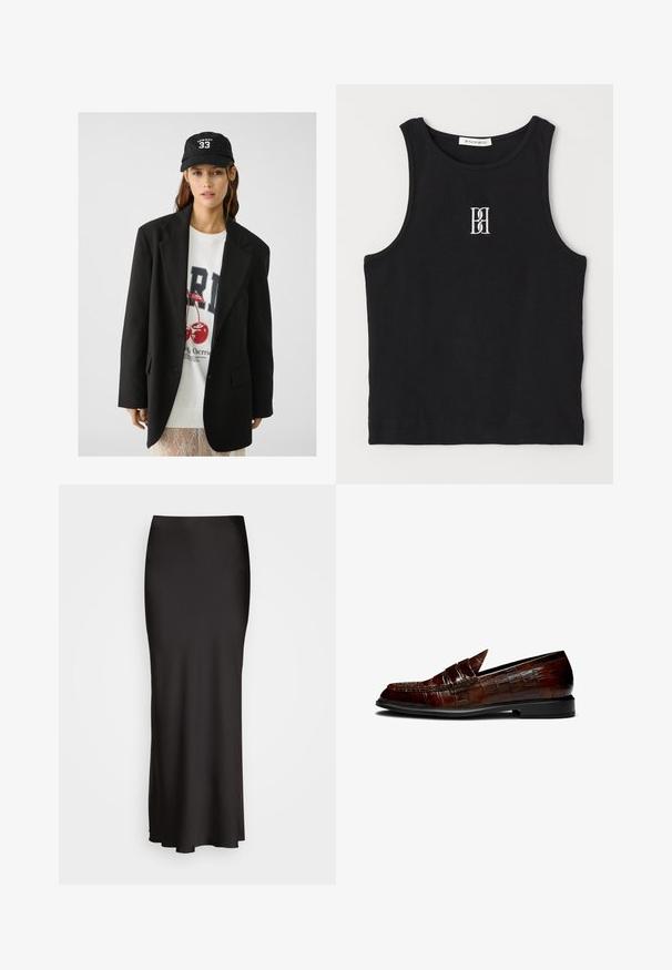 Schwarzes Blazer mit Revers, getragen über einem weißen Sweatshirt mit grafischem Aufdruck in Form roter Kirschen. Abgerundet mit einer schwarzen Baseballkappe.; Schwarzes, geripptes Tanktop mit rundem Ausschnitt und besticktem Logo in Weiß. Der Stoff hat eine glatte Textur und eine körperbetonte Passform.; Schwarzer, bodenlanger Satinrock mit glatter Textur, tailliertem Bund und A-Linien-Silhouette, ohne sichtbare Verzierungen oder Muster.; Braune Lederloafers mit Krokodilleder-Optik, einem niedrigen Absatz und einer spitzen Zehenform. Akzentnähte entlang der Kanten.