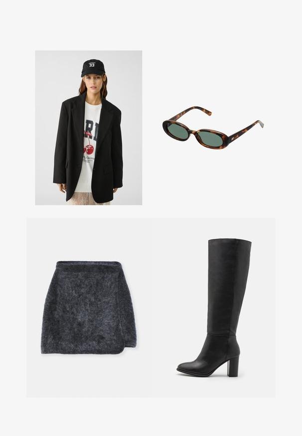 Musta bleiseri, jossa on viistetyt läpät, päällä valkoinen graafinen college-paita, jossa on punaisia kirsikoita. Asusteena musta baseball-lakki.; Musta ribbed-t-paita, jossa on pyöreä kaula-auko ja valkoisella brodeerattu logo. Kangas on sileä ja muoto on tiivis.; Harmaa, pörröinen hame pehmeällä pinnalla, hieman liehuva muotoilu ja kaareva helma. Kangas näyttää lämpimältä ja mukavalta.; Mustat polvipituiset saappaat, jotka on valmistettu sileästä nahasta, ja joissa on paksu korko ja pyöreä kärki. Minimalistinen muotoilu ilman näkyvää varustusta tai koristeita.; Kilpikonnakuosisuntit, joissa on soikeat kehykset ja vihreät linssit. Ominaisuuksiin kuuluu ohuet varret, joissa on metallinen korostus saranan lähellä.