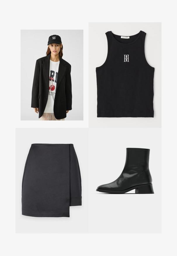 Černý blejzr s klopami, nošený přes bílou mikinu s grafickým potiskem červených třešní. Dokončeno černou baseballovou čepicí.; Černý žebrovaný top bez rukávů s kulatým výstřihem a vyšívaným logem v bílé barvě. Materiál má hladkou texturu a těsný střih.; Černá asymetrická mini sukně s překládaným předním panelem na bílém pozadí.; Černé kotníkové boty vyrobené z lesklé kůže, s elegantním designem, špičatou špičkou a umírněným blokovým podpatkem pro stabilitu.