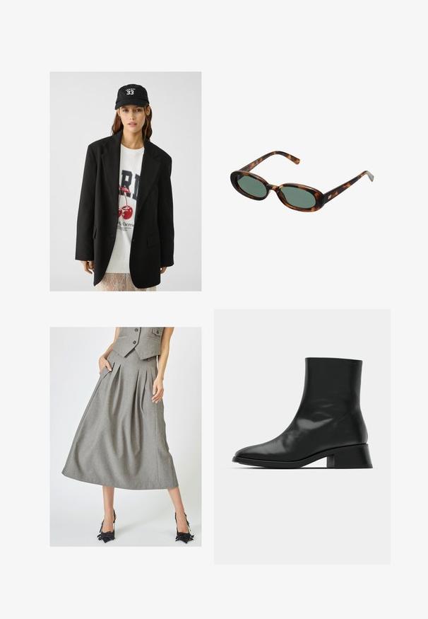 Schwarzes Blazer mit Revers, getragen über einem weißen Sweatshirt mit grafischem Aufdruck in Form roter Kirschen. Abgerundet mit einer schwarzen Baseballkappe.; Schwarzes, geripptes Tanktop mit rundem Ausschnitt und besticktem Logo in Weiß. Der Stoff hat eine glatte Textur und eine körperbetonte Passform.; Grauer, plissierter Rock aus strukturiertem Stoff mit Seitentaschen und A-Linien-Form, kombiniert mit schwarzen High Heels.; Schwarze Ankle Boots aus glänzendem Leder, mit einem eleganten Design, spitzer Zehenpartie und einem moderaten Blockabsatz für Stabilität.; Schildpatt-Sonnenbrille mit ovalen Rahmen und grünen Gläsern. Verfügt über dünne Bügel mit einem metallischen Akzent in der Nähe der Scharniere.