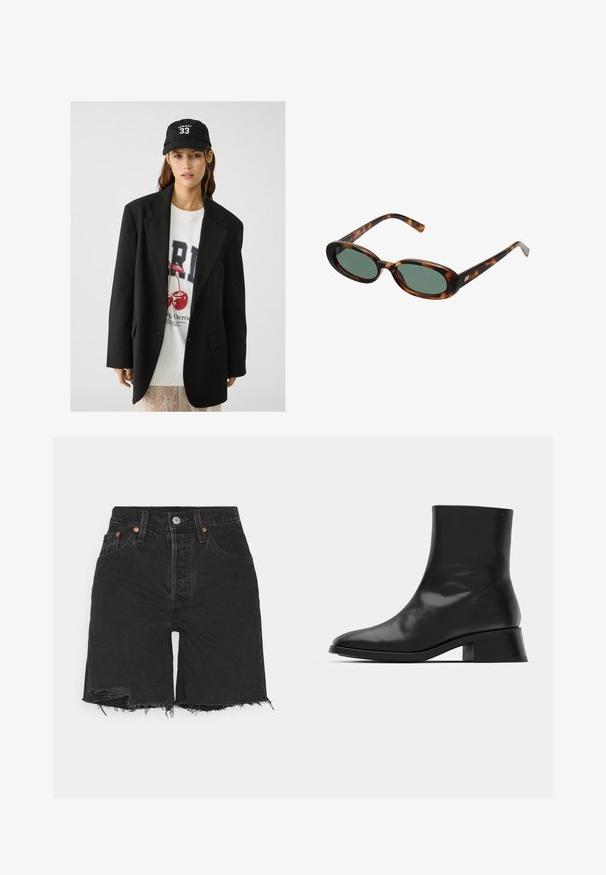 Svart blazer med klaffslags, bärs över en vit grafisk sweatshirt med röda körsbär. Avslutad med en svart basebollkeps.; Svart ribbad linne med rund halsringning och broderad logotyp i vitt. Tyg med en mjuk textur och en åtsittande passform.; Svarta denimshorts med hög midja, med rå fåll och sliten detalj. Inkluderar fem fickor och metallknäppning.; Svart ankelboot i glänsande läder, med en smäcker design, spetsig tå och en måttlig blockklack för stabilitet.; Sköldpaddsmönstrade solglasögon med ovala bågar och gröna linser. Har tunna skalmar med en metallisk detalj vid gångjärnen.