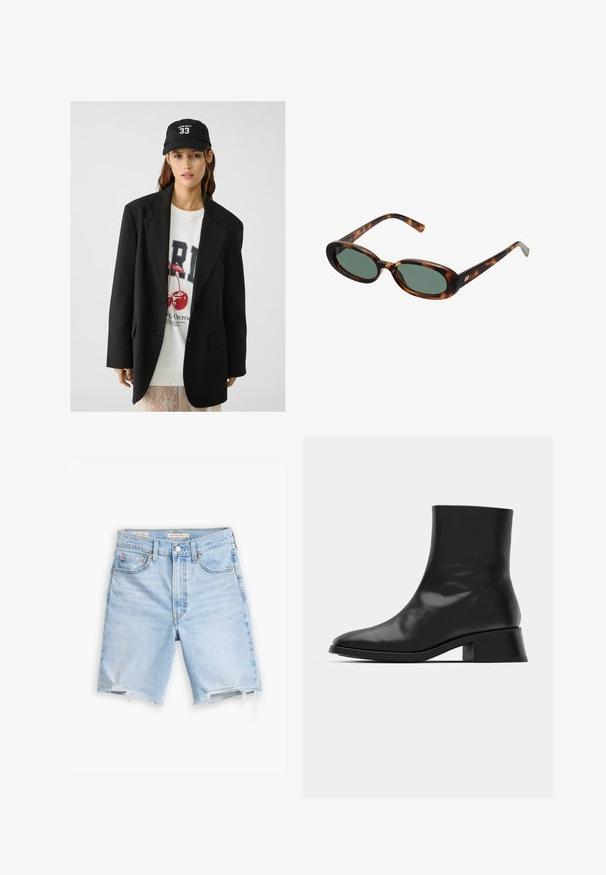 Črna blazer jakna z izrezom, nosi se preko belega grafičnega puloverja z rdečimi češpljami. Dokončano z črno bejzbol kapo.; Črna rebrasta majica brez rokavov z okroglim izrezom in vezenim logotipom v beli barvi. Tkanina ima gladko teksturo in prilagojeno obliko.; Svijetloplave traper kratke hlače s izfrEdanim rubom, dizajnom s pet džepova i metalnim dodacima. Tkanina prikazuje izblijedjeli ton za istrošen izgled.; Črne gležnjarje iz sijoče usnjene kože odlikuje eleganten dizajn, usnjena konica in zmeren blok peto za stabilnost.; Žirafne sončna očala z ovalnimi okvirji in zelenimi lečami. Imajo tanke ročice z metalnim poudarkom blizu tečajev.