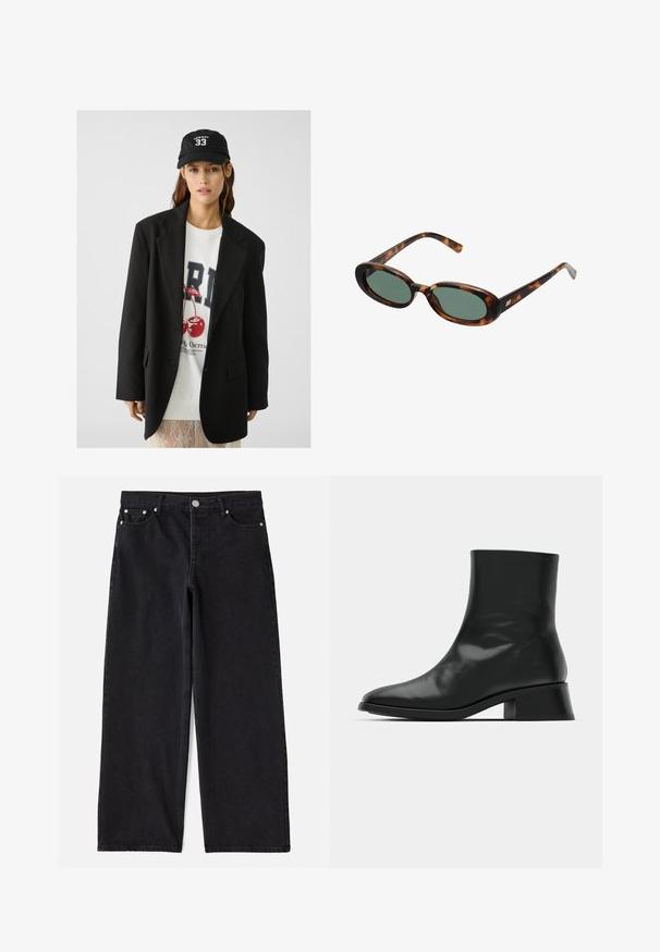 Crna jakna s reverima, nosi se preko bijelog duksera s grafikom crvenih trešanja. Završeno s crnom bejzbol kapom.; Crna rebrasta majica bez rukava s okruglim izrezom i izvezenim logotipom u bijeloj boji. Tkanina ima glatku teksturu i prilagođen je kroj.; Crne traperice širokih nogavica s pet džepova, kopčanjem na gumb i srebrnim detaljima. Imaju čist, krojeni siluetu i suptilnu teksturu.; Crne gležnjače od sjajne kože, s elegantnim dizajnom, šiljatim vrhom i umjerenom blok petom za stabilnost.; Sunčane naočale u boji kornjače s ovalnim okvirom i zelenim staklima. Imaju tanke ručke s metalnim detaljem blizu šarki.