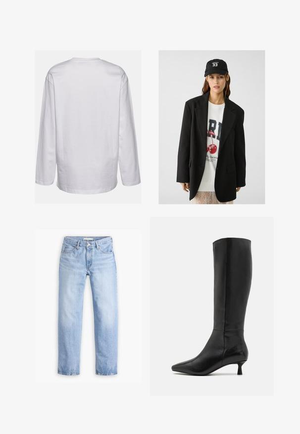 Czarny żakiet z klapami, noszony na białej bluzie z grafiką przedstawiającą czerwone wiśnie. Całość dopełniona czarną czapką z daszkiem.; DEF EVERYDAY biały; Jasnoniebieskie dżinsy o prostym kroju, z pięcioma kieszeniami i średnim stanem. Charakteryzują się wyblakłą teksturą i przeszytymi brzegami.; Zign - Kozaki