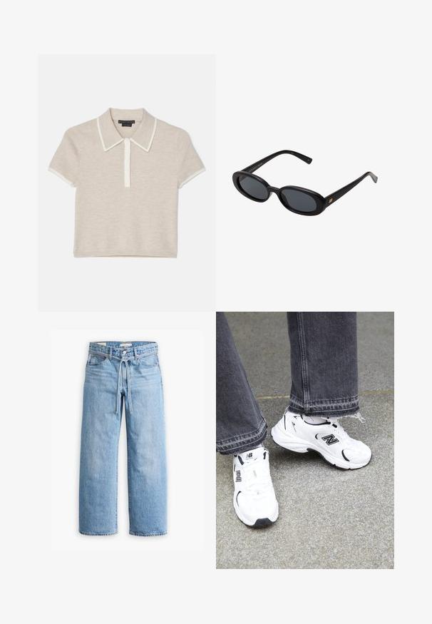 Črna blazer jakna z izrezom, nosi se preko belega grafičnega puloverja z rdečimi češpljami. Dokončano z črno bejzbol kapo.; Alice + Olivia MEDA - Polo majica - oatmeal heather/soft white; Svetlo modri traper široki hlače z visokim pasom, z gumbom in zadrgo ter detajlom s povezanico v pasu. Neobdelan rob.; Bele modre teniske New Balance imajo mrežasto in sintetično zgornjo plast z črnimi detajli. Nosene so z raztrganimi sivo oblečenimi hlačami na teksturirani površini.; Črne oversize sončne očala z ovalnimi lečami, gladkim plastičnim okvirjem in zlatenimi detajli na templjih. Temne leče zagotavljajo zaščito pred soncem.