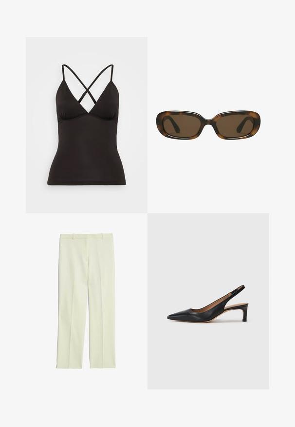 Sort blazer med spidse klapkraver, båret over en hvid grafik sweatshirt med røde kirsebær. Afsluttet med en sort baseballkasket.; Sort cami-top med justerbare krydsbeklædte stropper, der har en dyb V-udskæring og en tætsiddende silhuet. Lavet af glat, strækbart stof.; Cremefarvede skræddersyede bukser med lige ben, der har en glat front, bæltestropper og en glat tekstur.; Sort læder slingback pumpe med spids tå, lav hæl og en glat overflade. Har en tynd justerbar rem for en sikker pasform.; Skildpadde-mønstret solbriller med en glat, afrundet rektangulær ramme og brune linser. Har tynde, buede arme med en blank overflade.; Sort læder weekendtaske med to runde håndtag, indsnævrede sider og en toplynlås. Glat tekstur med minimale syninger.