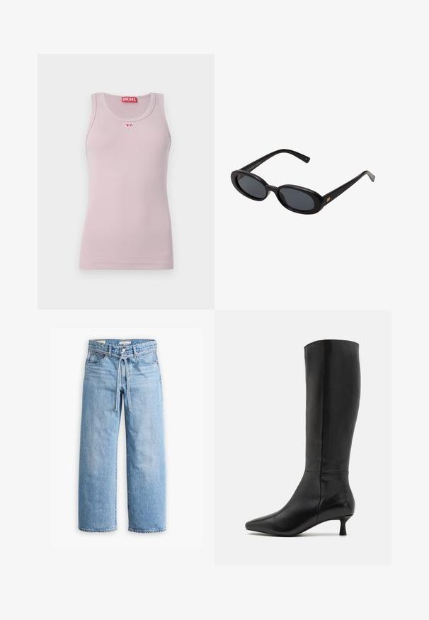 Černý blejzr s klopami, nošený přes bílou mikinu s grafickým potiskem červených třešní. Dokončeno černou baseballovou čepicí.; Světle růžový bezrukávový top z žebrované látky, s kulatým výstřihem a malým červeným logem na prsou. Jednoduchý a přiléhavý design.; Světle modré džínové široké kalhoty s vysokým pasem, zapínáním na knoflík a zip, a šňůrkou v pase. Obroušené zakončení.; Zign Vysoká obuv - black; Černé oversized sluneční brýle s oválnými čočkami, hladkým plastovým rámem a zlatými akcenty na spáncích. Tmavé čočky poskytují ochranu před sluncem.; Černá kožená taška s dlouhými uchy, obdélníkový tvar, hladký povrch a šikmé strany, s minimalistickým designem a bez viditelného kování.