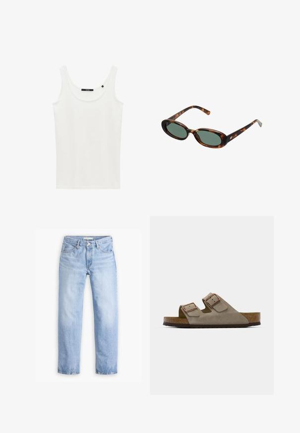 Blazer nero con risvolti, indossato sopra una felpa grafica bianca con ciliegie rosse. Completato con un cappellino da baseball nero.; Top bianco senza maniche realizzato in morbido cotone. Presenta un collo rotondo e un orlo dritto. Etichetta cucita all'interno della zona del collo.; Jeans in denim azzurro chiaro con design a gamba dritta, cinque tasche e vita a media altezza. Presenta una finitura sbiadita e orlo cucito.; Infradito in suede grigio chiaro con due fibbie regolabili, un sottopiede in sughero e una suola in gomma strutturata.; Occhiali da sole tartarugati con montatura ovale e lenti verdi. Presentano aste sottili con un accento metallico vicino alle cerniere.