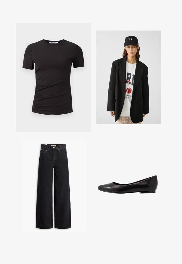 Čierny blazer s vyvýšenými klopami, nosený cez bielu mikinu s grafickým potlačou, na ktorej sú červené čerešne. Dokončené čiernym baseballovým šiltovkou.; Čierne tričko s krátkym rukávom vyrobené z mäkkej tkaniny, s okrúhlym výstrihom a zhromaždenými detailmi na ľavej strane pre jemnú textúru.; Čierne nohavice s voľným strihom vyrobené z denimu, obsahujúce päť vreciek, medené nitky a klasické zapínanie na gombík. Hladká textúra s čistým dizajnom.; Čierne baleríny vyrobené z lesklej kože s okrúhlou špičkou a nízkou plochou podrážkou. Majú hladkú textúru s jednoduchým a elegantným dizajnom.
