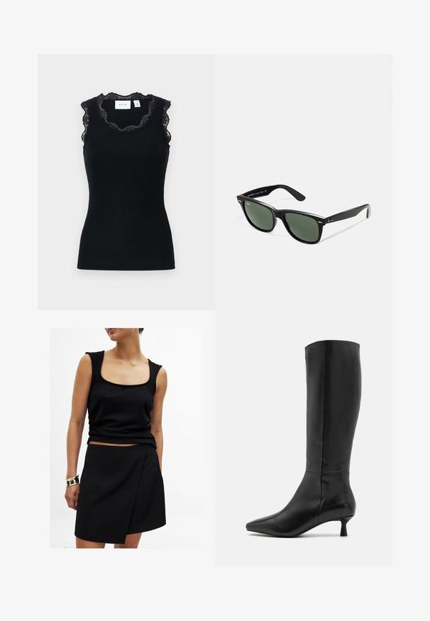 Črna blazer jakna z izrezom, nosi se preko belega grafičnega puloverja z rdečimi češpljami. Dokončano z črno bejzbol kapo.; Črn rebrast brezrokavnik z valovitim čipkastim robom ob dekolteju in izrezih za roke. Ima prilegajoč se kroj in gladko teksturo.; Črn brezrokavnik s kvadratnim izrezom, v kombinaciji z ujemajočo se črno krilom v preklopu, oba iz gladkega materiala. Zlata zapestnica na zapestju.; Zign Škornji - black; Črne plastične sončna očala z zelenimi lečami, kvadratni okvirji, srebrni detajl na obrvi in teksturirani ročaji. Blagovna znamka navedena na notranji strani ročaja.