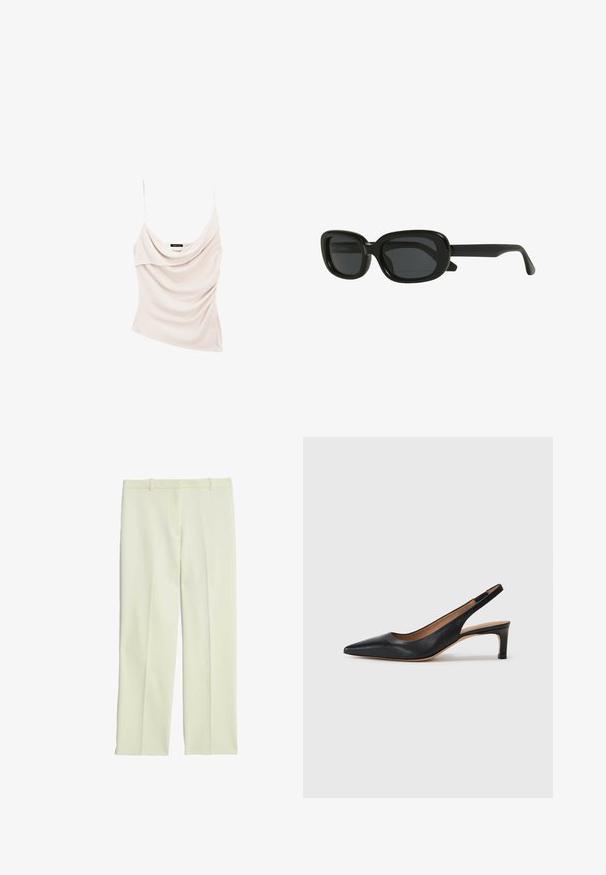 Sort blazer med spidse klapkraver, båret over en hvid grafik sweatshirt med røde kirsebær. Afsluttet med en sort baseballkasket.; Lys beige tanktop med cowl-neck og tynde stropper, der har draperet stof for et tekstureret udseende og en tætsiddende silhuet.; Cremefarvede skræddersyede bukser med lige ben, der har en glat front, bæltestropper og en glat tekstur.; Sort læder slingback pumpe med spids tå, lav hæl og en glat overflade. Har en tynd justerbar rem for en sikker pasform.; Sorte rektangulære solbriller med en tyk ramme, mørkt tonede linser og et slankt design. Bøjlerne har en glat finish.