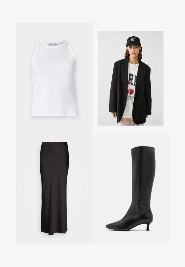 Černý blejzr s klopami, nošený přes bílou mikinu s grafickým potiskem červených třešní. Dokončeno černou baseballovou čepicí.; Bílý žebrovaný top s kulatým výstřihem, bez rukávů a malým logem na přední straně. Hladká textura a přiléhavý střih.; Černá, dlouhá saténová sukně s hladkou texturou, úzkým pasem a A-liniovým střihem, bez viditelných ozdob nebo vzorů.; Zign Vysoká obuv - black