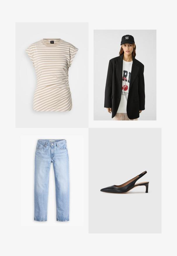 Čierny blazer s vyvýšenými klopami, nosený cez bielu mikinu s grafickým potlačou, na ktorej sú červené čerešne. Dokončené čiernym baseballovým šiltovkou.; béžové a biele pruhované tričko s krátkymi rukávmi, okrúhlym výstrihom a zberanou látkou na boku pre textúru a prispôsobenie. Viditeľné logo značky.; Svetlo modré džíny z denimu s rovnými nohavicami, piatimi vreckami a stredným pásom. Obsahujú vyblednutú textúru a zosilnený lem.; Čierne kožené slingback lodičky s špicatou špičkou, nízkym opätkom a hladkým povrchom. Obsahujú tenký nastaviteľný remienok pre bezpečné upevnenie.