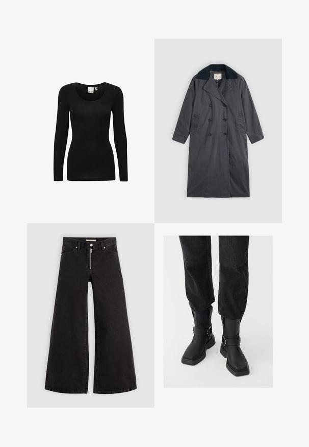 Tumehall trench coat kahekordse disainiga, suur sinine klapi krae, küljetaskud ja pikad varrukad.; Mustika musta pikkvarrukaga särk, millel on ümar kaelus, valmistatud pehmest ja venivast kangast. Omab keha lähedast siluetti ja minimalistlikku disaini.; Laiad teksad mustast denimist, millel on lukuga eesmine osa, viie taskuga disain ja peened õmblusdetailid. Sile tekstuur ja juhuslik stiil.; Mustas nahast pahkluu saapad ruudukujulise varbaga, laia rihma ja metallist luku detailiga. Saapad on tummise tallaga ja siledast tekstuurist.