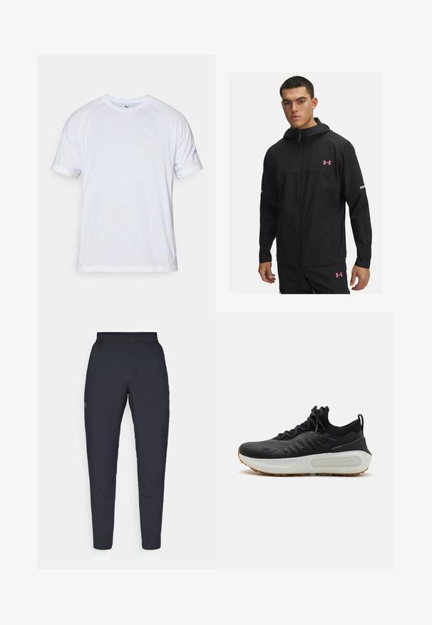 Must musta kapuutsiga jope roosa logoga, ees tõmblukuga, kaks küljetaskut ja peegeldavad aktsendid varrukatel.; Valge lühikese varrukaga T-särk raganlani varrukatega, ümar kaelus, pehme tekstuur ja väike logo ees vasakul rinnal.; Mustad mustreid spordipüksid, millel on sile tekstuur, kitsas lõige, elastne vöökoht ja küljetaskud. Vasakule reiele on tikandatud väike logo.; Mustad mustlussaadad tekstuuriga ülemise osaga, sokilaadsed krae, hallid nöörid ja valge vaheosa, millel on mustriga disain ja kummine välistald.