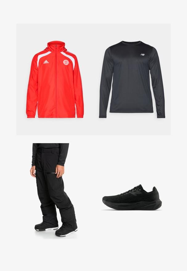 adidas Performance FCB czerwony; Koszulka sportowa z długim rękawem w kolorze czarnym, wykonana z gładkiego, lekkiego materiału o subtelnej teksturze. Posiada małe logo na lewym górnym brzegu klatki piersiowej.; Czarne spodnie narciarskie o luźnym kroju, z zamykanymi kieszeniami, regulowanym pasem i wykonane z materiału wodoodpornego.; Czarny but sportowy z teksturowaną cholewką, o smukłej sylwetce, z sznurówkami i grubszą podeszwą z bieżnikiem, zapewniającą lepszą przyczepność.