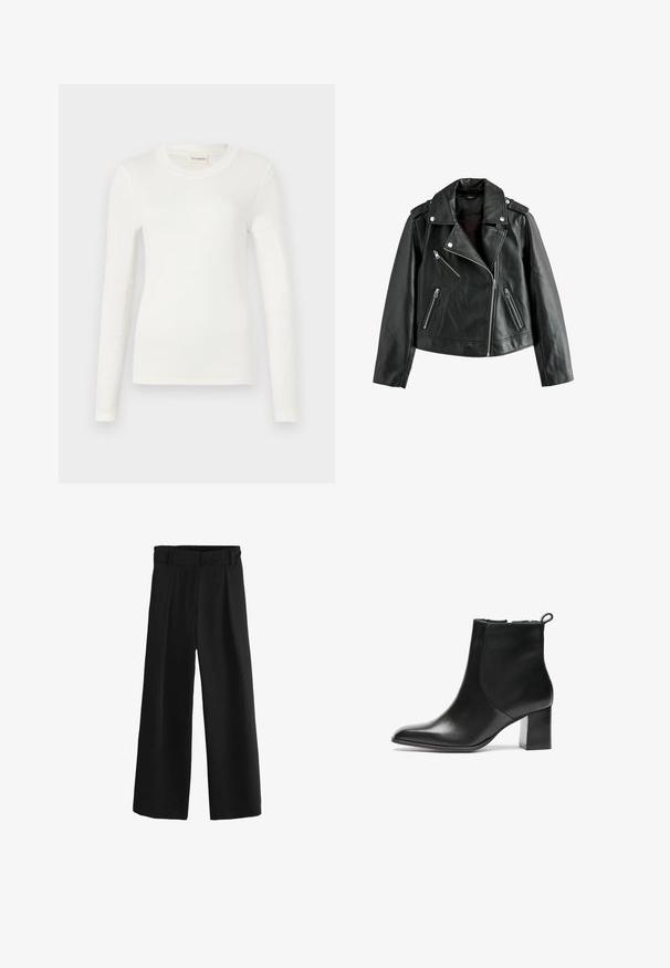 Čierna kožená moto bunda s striebornými zipsami a cvokmi. Má vykrojený golier, zipsové vrecká a skrátený dizajn. Hladká textúra.; Biele tričko s dlhým rukávom vyrobené z jemného materiálu, s okrúhlym výstrihom a priliehavým strihom. Minimalistický dizajn bez vzorov alebo akcentov.; Čierne široké nohavice s vysokým pásom, s záhybmi a hladkou, tkanou textúrou. Vyrobené z jemného materiálu pre pohodlie.; Čierna kožená členková boot s okrúhlou špičkou, stredne vysokým blokovým podpätkom a pútkom na zadnej strane. Hladká textura, minimalistický dizajn.
