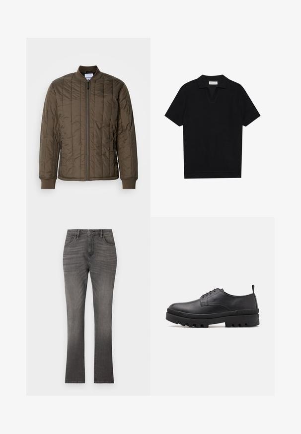 Casaco bomber acolchoado em verde oliva escuro, com fecho éclair à frente, punhos canelados e dois bolsos laterais. Material liso e leve.; Polo preto de manga curta com tecido texturizado e canelado, apresentando um decote em V e uma bainha reta. Sem logótipos ou padrões visíveis.; Jeans em denim cinza com corte de perna reta, apresentando um design clássico de cinco bolsos e um desbotamento subtil. Fecho padrão com botão e zip.; Sapato de couro preto com biqueira arredondada, design de atacadores e sola de borracha grossa. Possui uma alça no calcanhar e detalhes texturizados.