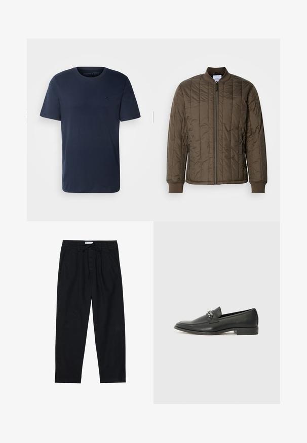 Quiltet bomberjakke i mørke olivengrøn, med lynlås foran, ribbede manchetter og to sidelommer. Glat, letvægtsmateriale.; Marineblå bomulds t-shirt med korte ærmer, rund hals og et lille broderet logo på brystet. Glat stof, normal pasform.; Pier One Chino - black; Sorte læder loafers med en glat finish, der har et syet design og et dekorativt metal kædeaccent hen over vamps. Flad hæl.
