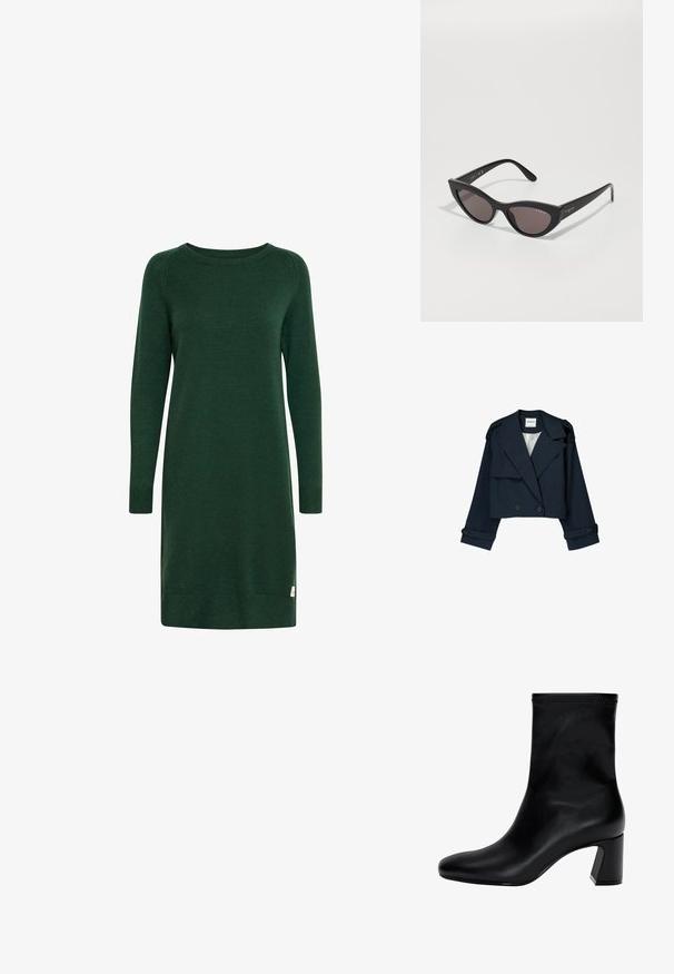 Marinefarbene, kurz geschnittene Jacke mit doppelter Knopfleiste, großen Revers und Knopf-Akzenten. Sie hat eine glatte Textur und lange Ärmel mit Manschetten.; Grünes Strickkleid mit langen Ärmeln, runder Halslinie und gerippten Bündchen. Verfügt über ein kleines Logoetikett in der Nähe des Saums.; Schwarzer Knöchelstiefel aus glattem Leder. Mit quadrater Zehenpartie, elastischem Schaft und einem stabilen Blockabsatz. Minimalistisches Design.; Cat-Eye-Sonnenbrille mit mattem schwarzen Rahmen und dunklen Gläsern, mit "Vogue"-Branding an der Seite und einer markanten, eckigen Form.
