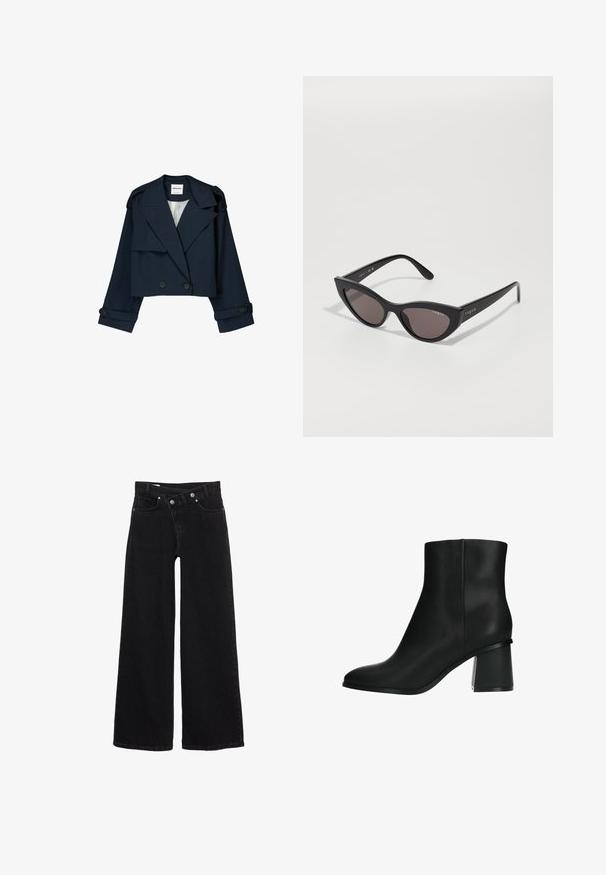 Veste coupe-courte marine avec un devant croisé, de grands revers et des accents de boutons. Présente une texture lisse et des manches longues avec des poignets.; Pull en maille noir à manches longues avec col rond, poignets et ourlet côtelés, et longueur cropped.; Jean large taille haute noir avec poches avant, passants de ceinture et fermeture à double bouton.; Bottine noire avec une finition lisse et élégante, bout pointu et un talon bloc épais. Le design présente des lignes minimalistes sans aucune quincaillerie visible.; Lunettes de soleil cat-eye avec une monture noire mate et des verres sombres, comportant un logo "vogue" sur le côté et une forme angulaire distinctive.; Even&Odd Sac à main - black