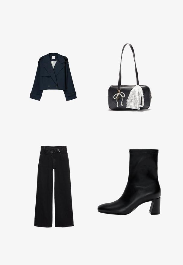 Jachetă cropt de marină cu un front cu două rânduri de nasturi, rever mari și accente cu nasturi. Prezintă o textură netedă și mâneci lungi cu mansete.; Pulover tricotat negru cu mânecă lungă, guler rotund, manșete și tivș ribetate și lungime scurtă.; Jeans negri cu talie înaltă, cu picioare largi, dotate cu buzunare frontale, bucle pentru brâu și închidere cu două butoane.; Cizmă neagră până la gleznă, fabricată din piele netedă. Prezintă un vârf pătrat, partea de sus elastică și un toc masiv pentru stabilitate. Design minimalist.; Even&Odd Geantă de mână - black