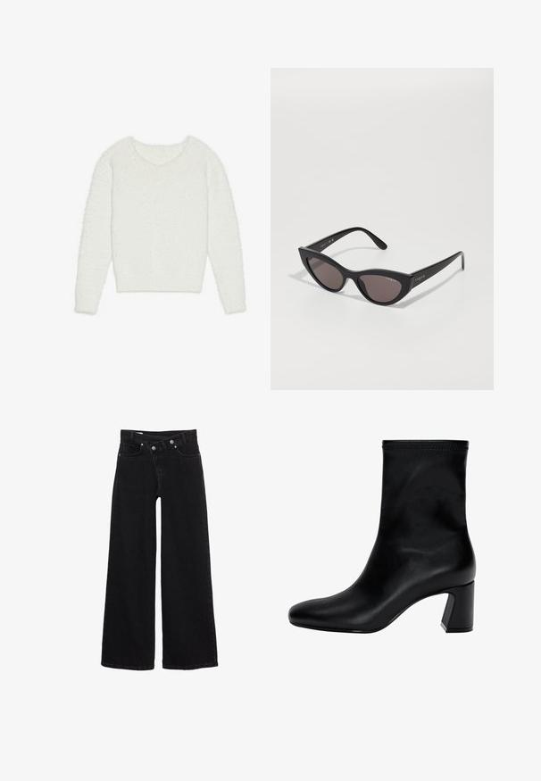 Sötétkék cropped dzseki dupla soros gombolással, nagy hajtókákkal és gomb díszítéssel. Sima textúrájú, hosszú ujjak dupla mandzsettával.; Fehér bolyhos pulóver hosszú ujjakkal, széles V-nyakkivágással és rövidített fazonnal. A textúrája puha és bolyhos, ami fokozza a meleget.; Fekete, magas derekú, bő szárú farmernadrág, elülső zsebekkel, övhurkokkal és dupla gombos záródással.; Fekete bokacsizma sima bőrből. Téglalap alakú orral, elasztikus felső résszel és robusztus sarokkal a stabilitás érdekében. Minimalista dizájn.; Macska szemű napszemüveg matt fekete kerettel és sötét lencsékkel, az oldalán "vogue" felirattal és jellegzetes szögletes formával.; Even&Odd Kézitáska - black