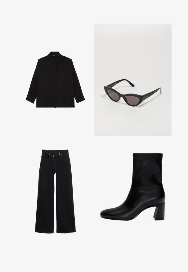 Marineblå cropped jakke med dobbeltknaplukning, store klapper og knapdekorationer. Har en glat tekstur og lange ærmer med manchetter.; Sort skjorte med knapper og krave, lange ærmer og en afslappet pasform. Fremstillet af et glat, blødt stof uden synlige mønstre.; Sorte højlivede brede jeans med forlommer, bælteløkker og dobbeltknaplukning.; Sort ankelstøvle lavet af glat læder. Har en firkantet tå, elastisk kant og en kraftig hæl for stabilitet. Minimalistisk design.; Cat-eye solbriller med en mat sort ramme og mørke linser, der har "vogue" branding på siden og en karakteristisk vinklet form.; Even&Odd Håndtasker - black