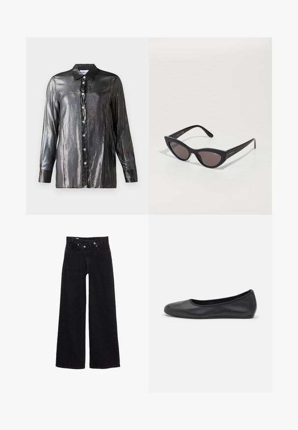 Marinefarbene, kurz geschnittene Jacke mit doppelter Knopfleiste, großen Revers und Knopf-Akzenten. Sie hat eine glatte Textur und lange Ärmel mit Manschetten.; Schwarz, glänzendes Hemd mit Knöpfen, glänzender Textur, langen Ärmeln und klassischem Kragen. Verfügt über weiße Knöpfe entlang der Vorderseite.; Schwarze hochtaillierte weit geschnittene Jeans mit Fronttaschen, Gürtelschlaufen und doppelt geknöpftem Verschluss.; Schwarze Leder-Ballettschuhe mit abgerundeter Spitze, glatter Textur, minimalen Nähdetails und einem flexiblen Sohlen-Design.; Cat-Eye-Sonnenbrille mit mattem schwarzen Rahmen und dunklen Gläsern, mit "Vogue"-Branding an der Seite und einer markanten, eckigen Form.; Schwarze Leder-Eimerhandtasche mit strukturierter Oberfläche, goldenen Hardware-Akzenten und offenem Design. Verfügt über einen kurzen Griff und einen verstellbaren Schultergurt.