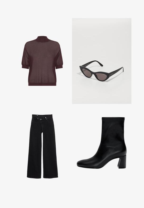 Marinblå croppad jacka med dubbelknäppt front, stora kragar och knappdetaljer. Har en slät yta och långa ärmar med manschetter.; Kortärmad, höghalsetopp i en djup bourgogne stickad tyg med ett strukturerat, öppet vävmönster och ribbade fållar och ärmslut.; Svarta högmidjade vida jeans med framfickor, bälteshällor och dubbelknäppning.; Svart ankelsko i slät läder. Har en fyrkantig tå, elastisk överdel och en kraftig klack för stabilitet. Minimalistisk design.; Kattögon-solglasögon med matt svart ram och mörka linser, med "vogue"-logotyp på sidan och en distinkt vinklad form.; Even&Odd Handväska - black