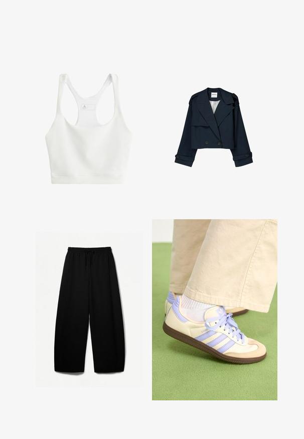 Marineblauwe cropped jas met een dubbelzijdige voorkant, grote revers en knoopaccenten. Kenmerkt zich door een gladde textuur en lange mouwen met manchetten.; Witte geribbelde sportbeha met een ronde hals, brede bandjes en een nauwsluitend ontwerp. Met het merkembleem aan de binnenkant op de rug.; Zwarte broek met wijde pijpen, voorzien van een elastische tailleband en een trekkoord. Zachte stof met een gladde textuur. Rechte snit met zijnaad.; Crème- en lavendel-sneakers met drie strepen en een gestructureerde bruine zool, voorzien van veters en een gewatteerde hiel. Zachte stoffen bovenkant.