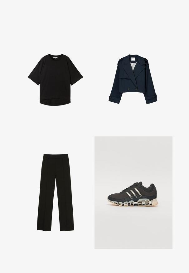 Mornarski kratki kaput s dvostrukim kopčanjem sprijeda, velikim reverima i drškom za gumbe. Ima glatku teksturu i duge rukave s manžetama.; Crna majica kratkih rukava s opuštenim krojem, okruglim izrezom i lagano zakrivljenim rubom. Izrađena od mekog, teksturiranog materijala.; Crne široke hlače izrađene od glatkog materijala, s uskim pojasom i suptilnim prednjim naborima za dodatnu teksturu.; Crne atletske tenisice s teksturiranim gornjim dijelom, tri srebrne pruge i posebnim potplatom s višestrukim integriranim sekcijama.