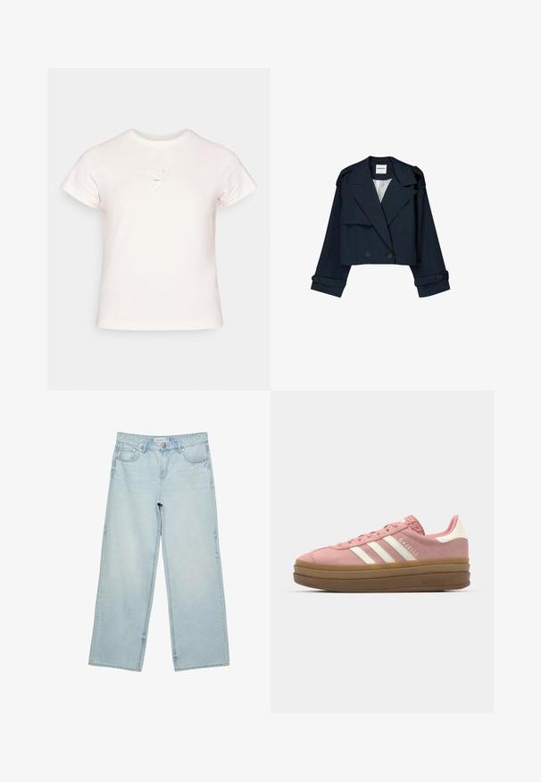 Námořnická zkrácená bunda s dvouřadým zapínáním, velkými klopami a knoflíkovými akcenty. Má hladký povrch a dlouhé rukávy s manžetami.; Růžová krátkozraká tričko vyrobené z bavlny. Na přední straně je vystouplé logo GUESS a design otazníku. Jednoduchý a přiléhavý styl.; Světlé modré široké džínové kalhoty s vysokým pasem, pěti kapsami a jemným vyblednutím. Rovný střih s lemem.; adidas Originals GAZELLE BOLD - Tenisky - mauve/off white