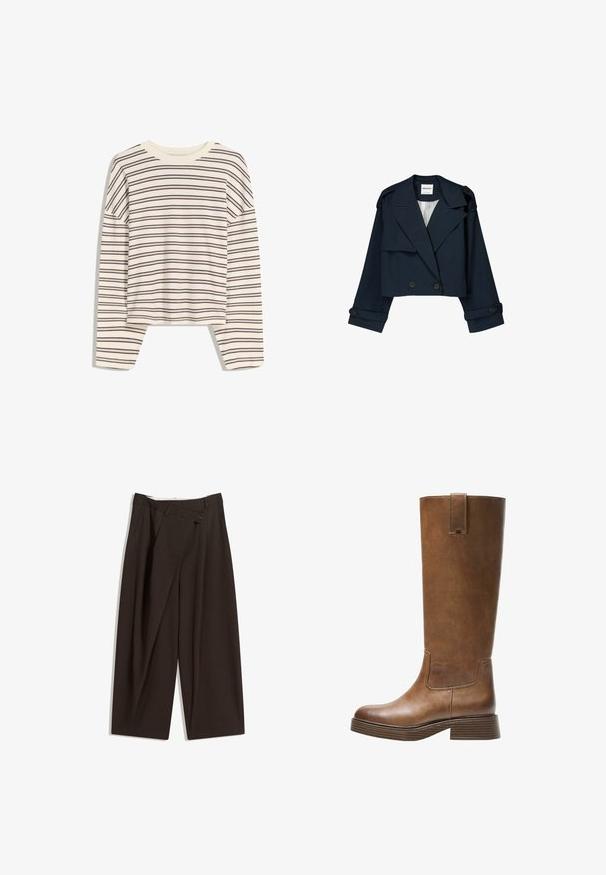Jachetă cropt de marină cu un front cu două rânduri de nasturi, rever mari și accente cu nasturi. Prezintă o textură netedă și mâneci lungi cu mansete.; Cămașă cu mânecă lungă și decolteu rotund, de culoare crem, cu dungi orizontale în nuanță bordeaux, având o croială lejeră și un material moale, neted.; Pantaloni largi de culoare maron închis, cu talie înaltă, având închiere cu un singur nasture și un față pliată. Confectionați dintr-un material ușor.; Botă din piele maro, până la genunchi, cu vârf rotunjit, suprafață texturată și toc mic, îngroșat. Dispune de un panou lateral și un capac de prindere în partea de sus.