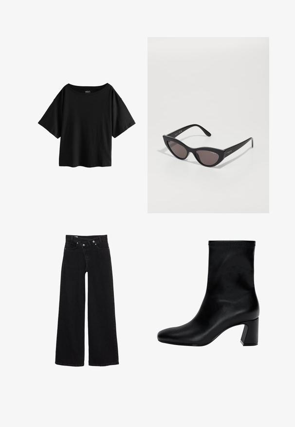 Sötétkék cropped dzseki dupla soros gombolással, nagy hajtókákkal és gomb díszítéssel. Sima textúrájú, hosszú ujjak dupla mandzsettával.; Fekete rövid ujjú póló széles nyakkivágással, puha pamut anyagból, laza, dobozszerű fazonnal, és nincs látható minta.; Fekete, magas derekú, bő szárú farmernadrág, elülső zsebekkel, övhurkokkal és dupla gombos záródással.; Fekete bokacsizma sima bőrből. Téglalap alakú orral, elasztikus felső résszel és robusztus sarokkal a stabilitás érdekében. Minimalista dizájn.; Macska szemű napszemüveg matt fekete kerettel és sötét lencsékkel, az oldalán "vogue" felirattal és jellegzetes szögletes formával.; Even&Odd Kézitáska - black