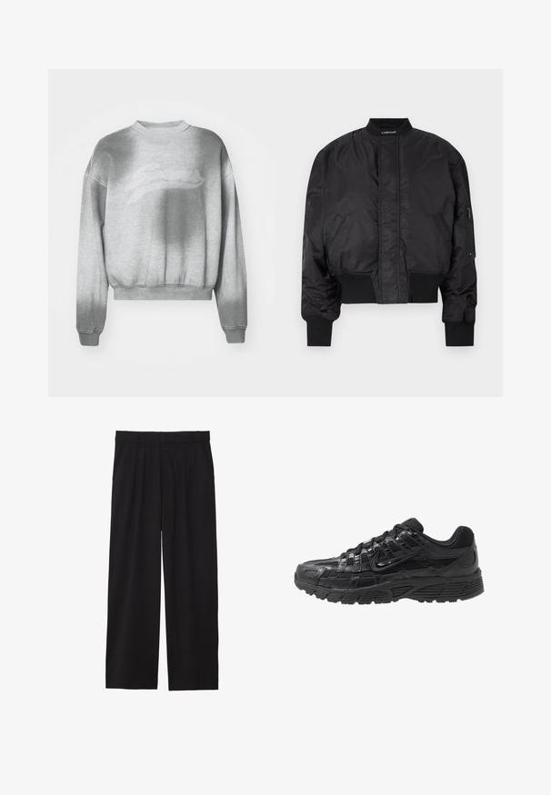 Zwarte bomberjack met een ritssluiting aan de voorkant, ribbelmanchetten en een ribbelzoom. Voorzien van zijzakken en een logootag nabij de kraag. Gladde, glanzende afwerking.; Lichtgrijze cropped sweatshirts met een gestructureerde afwerking, ronde halslijn en geribbelde cuffs. Voorzien van een subtiele tonale logo op de voorkant.; Zwarte wijde broek met geplooide voorkant, zijzakken en een gladde stoftextuur. Ontworpen voor een ontspannen pasvorm.; Zwarte sportschoen met een bovenwerk van mesh en synthetisch materiaal, een gestructureerd oppervlak, vetersluiting en een rubberen zool met patroon voor grip.