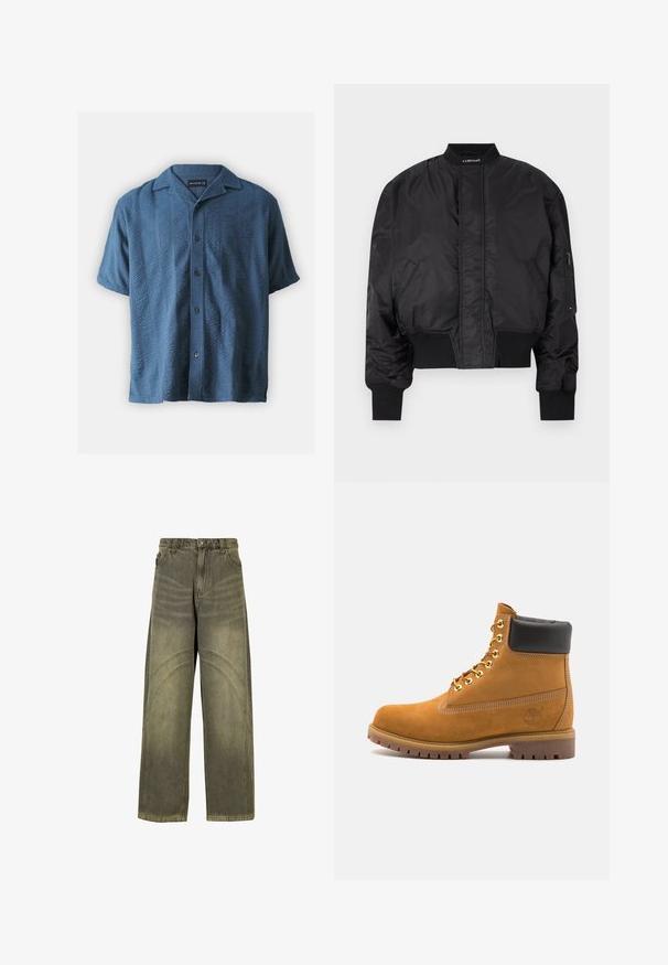 Giacca bomber nera con zip frontale, polsini e orli a coste. Presenta tasche laterali e un'etichetta con il logo vicino al colletto. Finitura liscia e lucida.; Abercrombie & Fitch Camicia - blue; Jeans a gamba larga in denim verde oliva, con dettagli di cuciture curve, chiusura con bottone classico e finitura scolorita.; Stivale alla caviglia in suede tan con collare imbottito nero, occhielli in metallo dorato, dettagli in cucitura bianca e suola in gomma robusta con battistrada pronunciato.