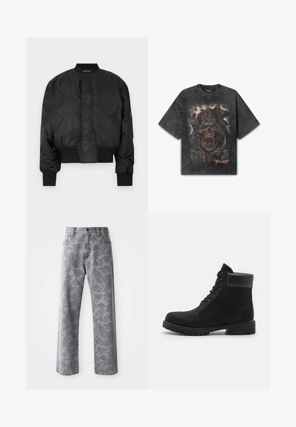 Chaqueta bomber negra con cremallera frontal, puños y dobladillo acanalados. Presenta bolsillos laterales y una etiqueta de logo cerca del cuello. Acabado suave y brillante.; Camiseta de algodón negra de corte oversize con un gráfico detallado de una calavera con ojos llameantes, rodeada de figuras oscuras y motivos de arañas.; Jeans de denim gris con un patrón de camuflaje, diseño de pierna recta, cinco bolsillos y cierre de botón.; Botín negro con cordones hasta el tobillo, con cuello acolchado y suela resistente, mostrado de perfil sobre un fondo blanco.
