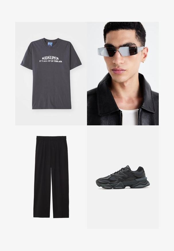 Mustaline bomber-jakk, millel on lukuga esikülg, soonikud varrukatel ja allääres. Omab küljetaskuid ja logotagi kaela lähedal. Sile ja läikiv viimistlus.; Must värvi puuvillane t-särk, millel on valged kiri "KIDSUPER IT’S ALL UP IN THE AIR", ümmargune kaelus ja lühikesed varrukad.; Mustad laiad püksid pleediga esiosas, küljetaskud ja sile kangas. Disainitud mugavaks istuvuseks.; Mustad mustus jooksukeng, mis sisaldab segu võrgust ja sünteetilisest materjalist, jäme talla, kaarduv disain ja silmapaistev bränding külgedel.; Angular hallikatega tumedad prillid hõbedaste detailidega, heleda tausta ees. Prilliklaasid omavad ainulaadset geomeetrilist kuju.