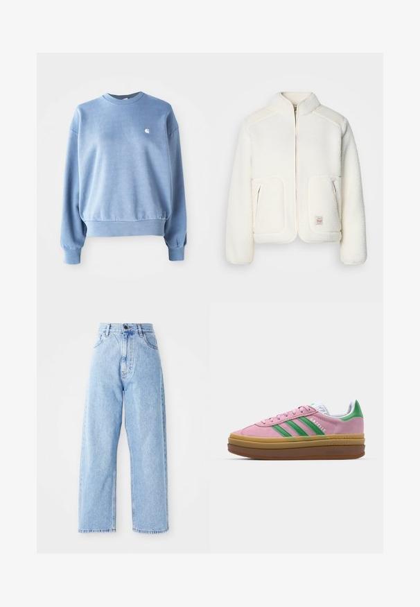 Witte fleecenye met een gestructureerde kraag, ritssluiting aan de voorkant en twee voorzakken. Heeft een zachte textuur en contrasterende schouderpanelen.; Lichtblauwe crewneck sweatshirt van zachte stof, met geribde manchetten en zoom, met een klein wit logo op de borst.; Hogewaisted lichtblauwe denim jeans met rechte wijde pijpen, voorste knoop, ritssluiting en voor- en achterkant zakken.; Roze suede sneakers met groene strepen, witte accenten en een bruine rubberen zool. Heeft een gestructureerde stof en logodetails aan de zijkant.
