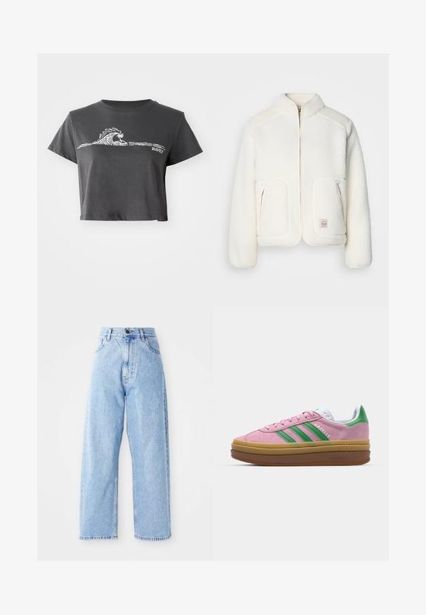 Balta flisinė striukė su struktūrizuotu apykakle, užtrauktuku priekyje ir dviem priekiniuose kišenėse. Ypatybės: minkšta tekstūra ir kontrastingi peties paneliai.; Tamsiai pilkas trumpas marškinėliai su baltu stilizuotu bangos ir palmės grafiku bei užrašu "ROXY" ant priekinės dalies.; Aukštu juosmeniu šviesiai mėlynos džinsinės kelnės su tiesiomis plačiomis kojomis, priekinis mygtukas, užtrauktuko uždarymas ir priekinės bei galinės kišenės.; Rožinės zomšinės sportbačiai su žaliomis juostelėmis, baltais akcentais ir ruda guma. Yra tekstūruota medžiaga ir logo detalės ant šono.