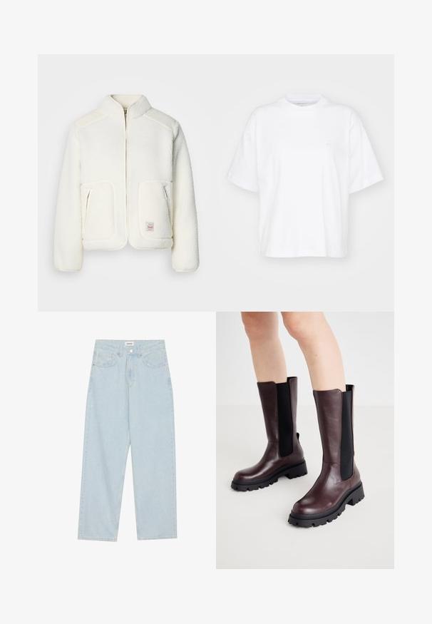 Fehér gyapjú dzseki struktúrált gallérral, cipzáros elülső résszel és két elülső zsebbel. Puha tapintású, és kontrasztos vállpanellel rendelkezik.; Fehér pamut póló kerek nyakkal, rövid ujjakkal és laza fazonnal. A bal mellrészen diszkrét logóval rendelkezik. Simább tapintású.; Világoskék, széles lábú farmernadrág, közepes derékkal, öt zsebbel és gombos záródással, vékony fémszínű akcentussal.; ONLY SHOES ONLDOJA - Platform csizmák - brown