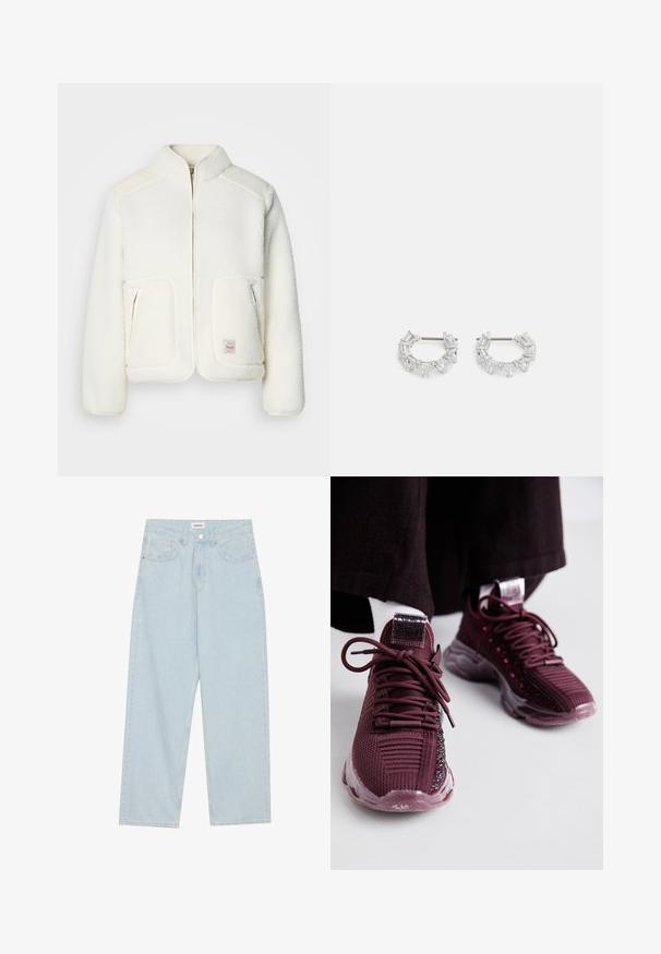 Weißer Fleece-Jacke mit strukturiertem Kragen, Reißverschluss vorne und zwei Fronttaschen. Verfügt über eine weiche Textur und kontrastierende Schulterpaneele.; Weißes Baumwoll-T-Shirt mit Rundhalsausschnitt, kurzen Ärmeln und lockerer Passform. Verfügt über ein dezentes Logo auf der linken Brustseite. Glatte Textur.; Helle blaue weit geschnittene Jeans aus Denim, mit mittelhoher Taille, fünf Taschen und einem Knopfverschluss mit einem schlanken Metallelement.; Burgunderfarbene Sportschuhe mit Mesh-Obermaterial, strukturierten Details, runden Schnürsenkeln und transparenter Gummisohle; mit Logo auf der Zunge und Ferse.; Silberne Creolen mit klaren, rechteckigen und dreieckigen Kristallen, die in einem gemusterten Design angeordnet sind. Sicherer Halt durch Stecker.