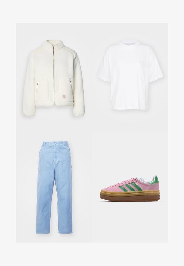 Weißer Fleece-Jacke mit strukturiertem Kragen, Reißverschluss vorne und zwei Fronttaschen. Verfügt über eine weiche Textur und kontrastierende Schulterpaneele.; Weißes Baumwoll-T-Shirt mit Rundhalsausschnitt, kurzen Ärmeln und lockerer Passform. Verfügt über ein dezentes Logo auf der linken Brustseite. Glatte Textur.; Hellblaue Denim-Hosen mit geradem Bein, Knopfverschluss und Fronttaschen. Der Stoff hat eine dezente Textur mit einer glatten Oberfläche.; Rosa Wildledersneaker mit grünen Streifen, weißen Akzenten und einer braunen Gummisohle. Verfügt über strukturierten Stoff und Logodetails an der Seite.
