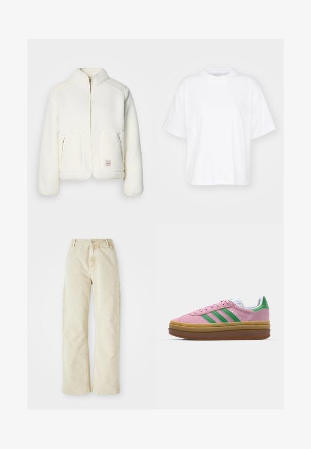White fleece jacket with a structured collar, zip front, and two front pockets. Features soft texture and contrasting shoulder panels.; White cotton t-shirt with a crew neck, short sleeves, and a relaxed fit. Features a subtle logo on the left chest area. Smooth texture.; Beige wide-leg denim pants with a high waist, featuring a front button and zip closure, belt loops, and side pockets. Soft texture.; Pink suede sneakers with green stripes, white accents, and a brown rubber sole. Features textured fabric and logo detailing on the side.